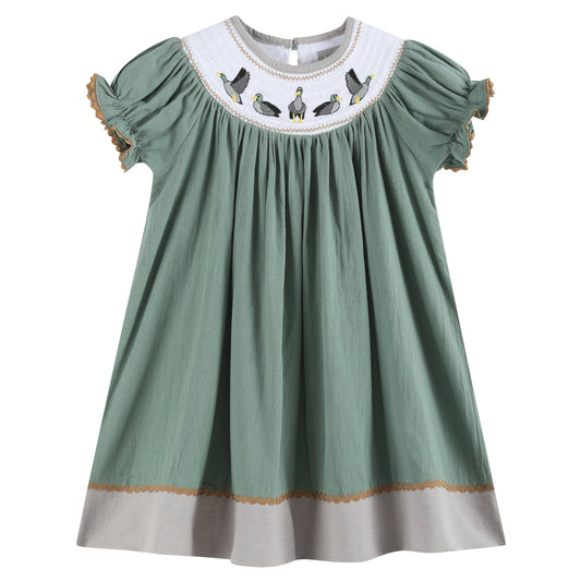 Lil Cactus - Sage Green Mallard Smocked Bishop Dress