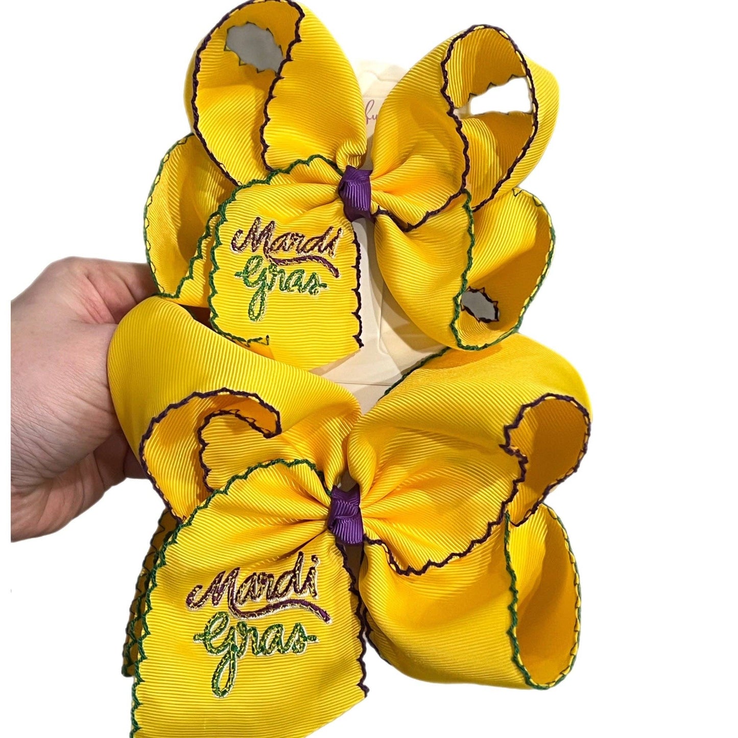 Just For Fun Threads - Yellow Mardi Gras Embroidered Moonstitch Hair Bow