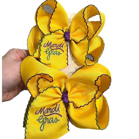 Just For Fun Threads - Yellow Mardi Gras Embroidered Moonstitch Hair Bow