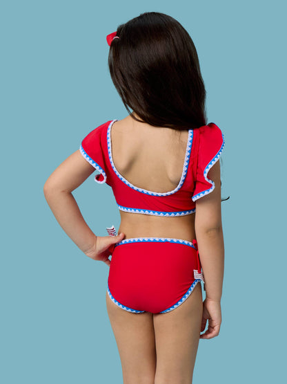 RuffleButts + RuggedButts - Girls Vintage Red Crochet Detail Butterfly Tankini 2-Piece Swimsuit
