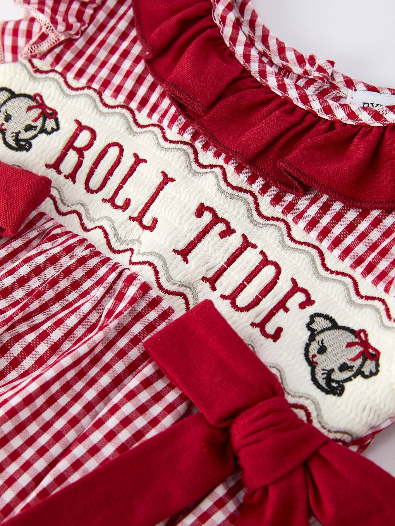 Rylee Faith Designs - Roll Tide Embroidery Gingham Baby Girl Romper with Red Bow