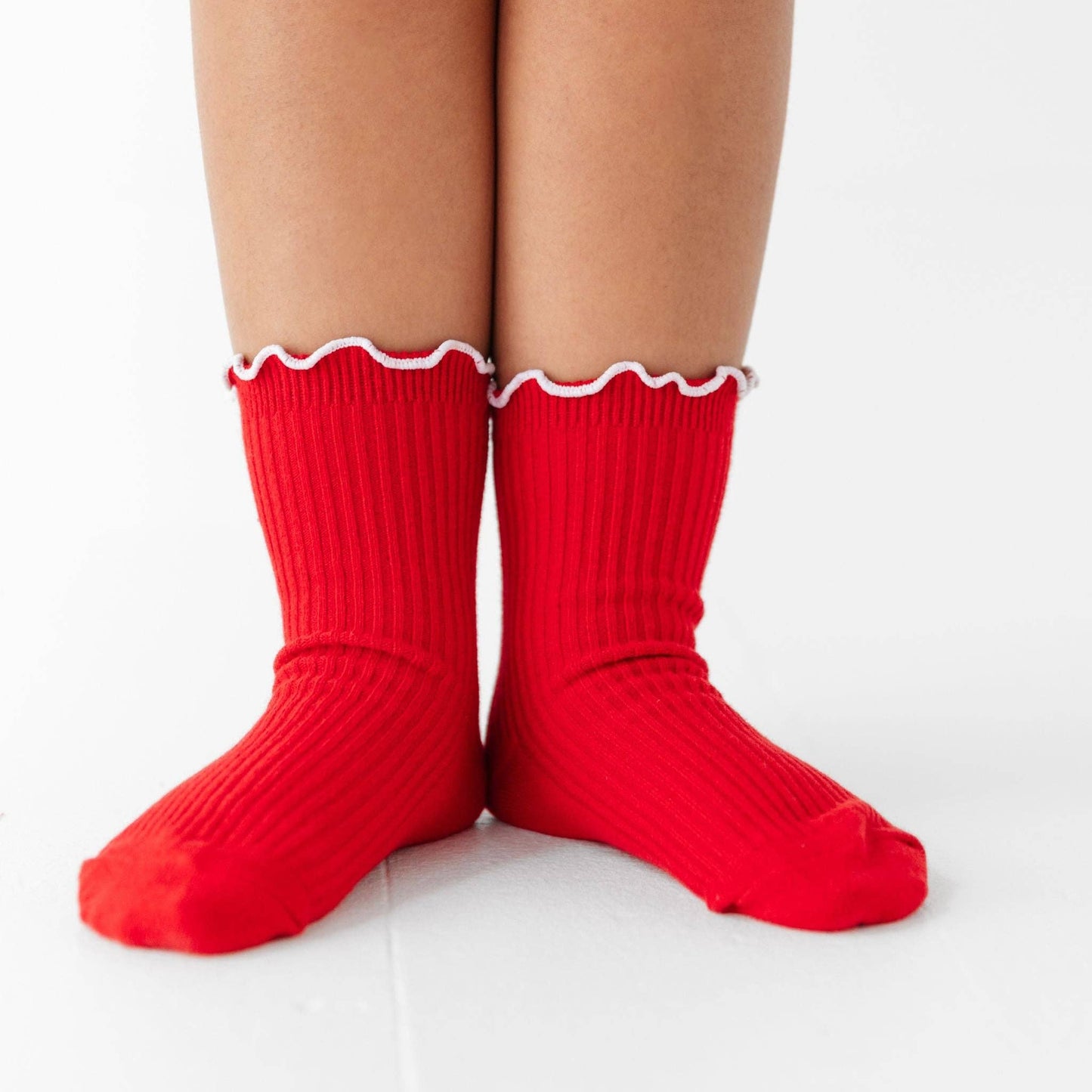 Little Stocking Co. - Ribbed Lettuce Trim Midi Socks - Red/White