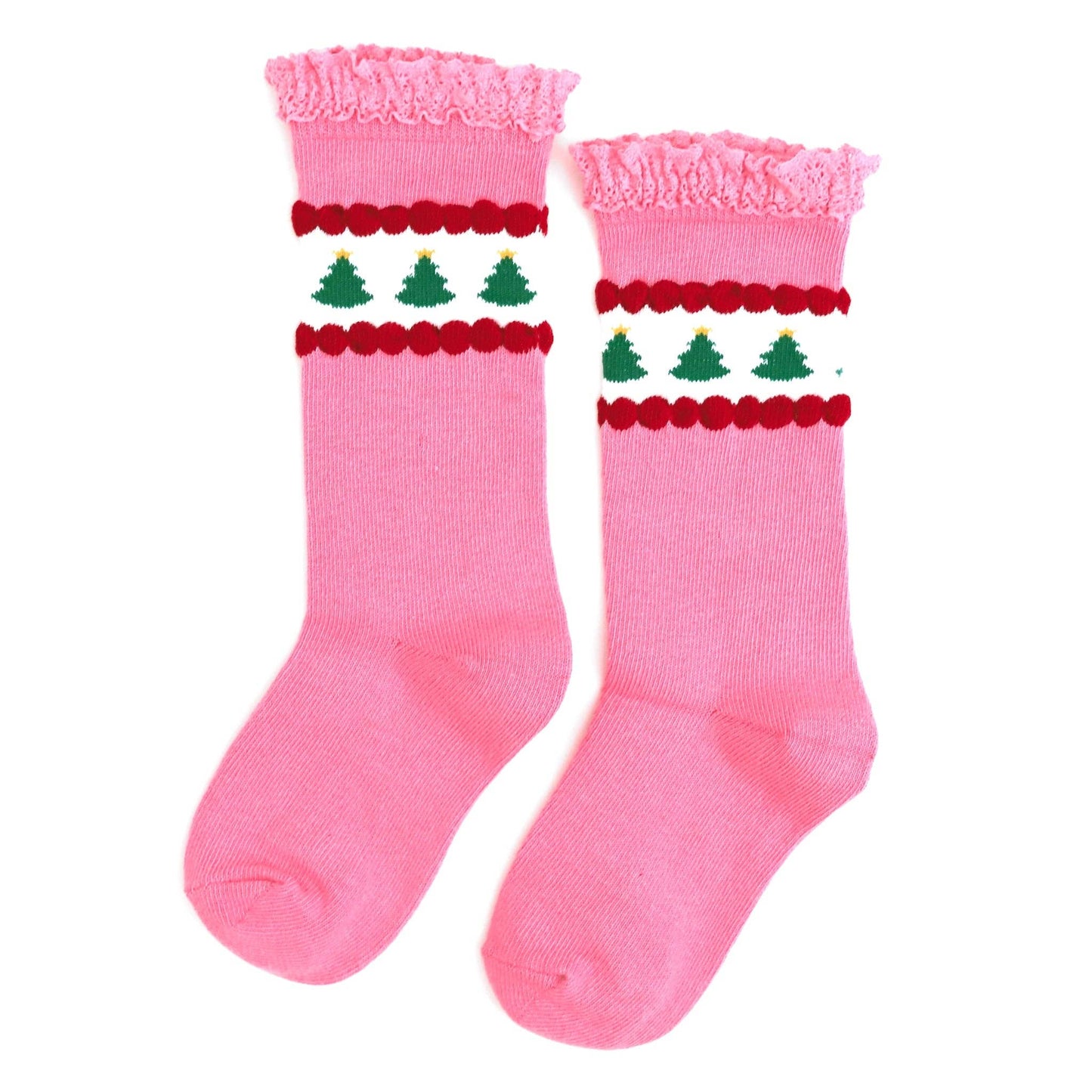 Little Stocking Co. - Pink Tree Lace Top Knee High Socks