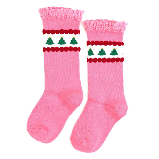 Little Stocking Co. - Pink Tree Lace Top Knee High Socks