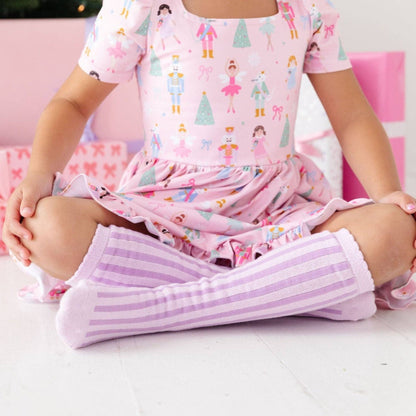 Little Stocking Co. - Lilac Striped Scalloped Knee High Socks