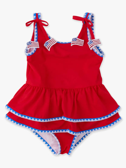 RuffleButts + RuggedButts - Girls Vintage Red Crochet Detail Peplum One Piece Swimsuit