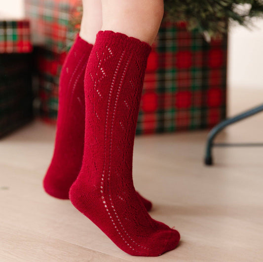 Little Stocking Co. - Scalloped Fancy Knee High Socks - Crimson