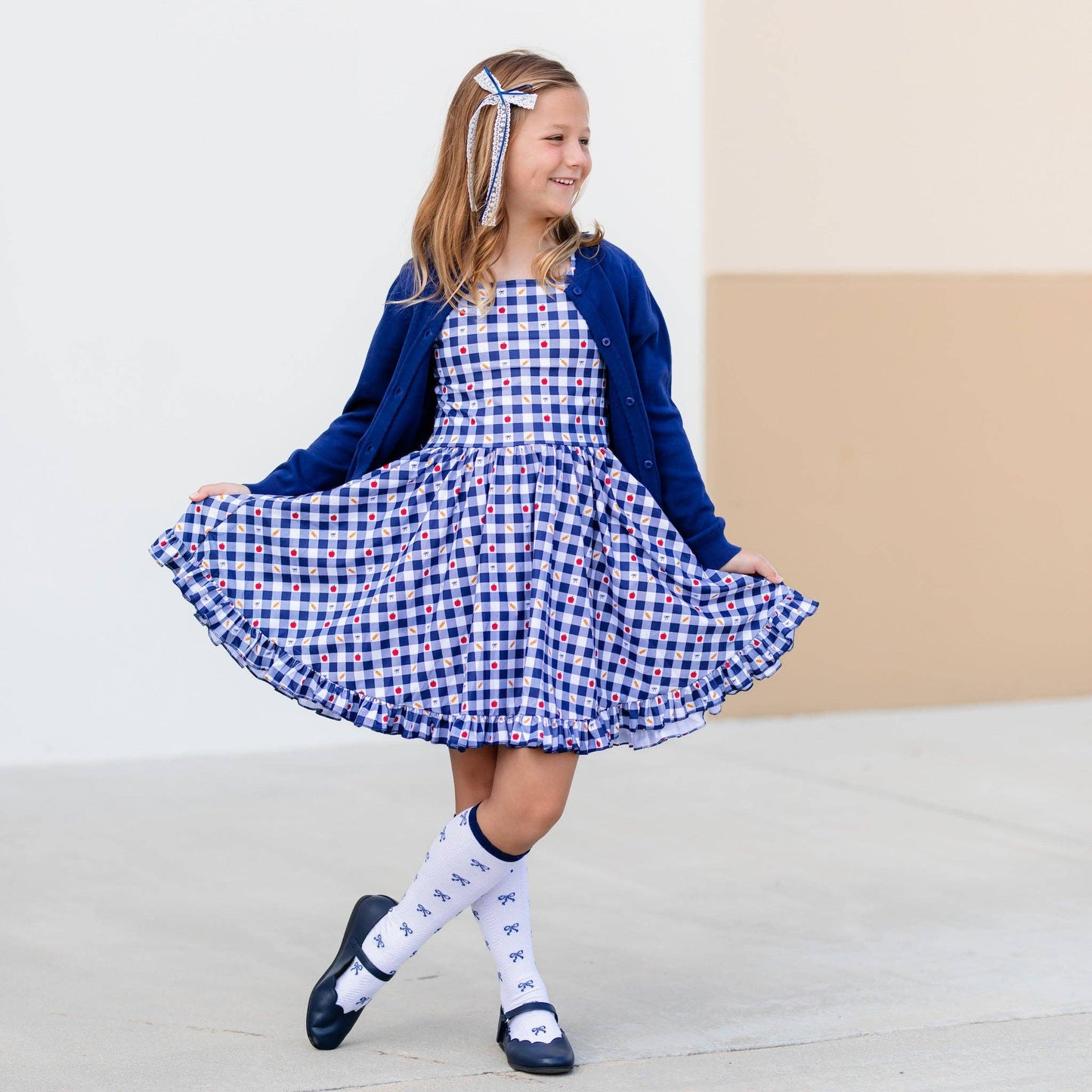 Little Stocking Co. - Navy Bow Scalloped Knee Socks