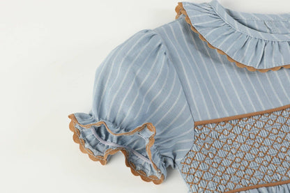 Lil Cactus - Blue Pinstripe Brown Smocked Ruffle Collar Dress
