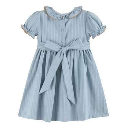Lil Cactus - Blue Pinstripe Brown Smocked Ruffle Collar Dress