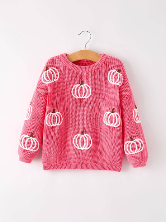 Rylee Faith Designs - （Pre-order）Fall Girls Thanksgiving Halloween Pumpkin Pink Pullover Sweater