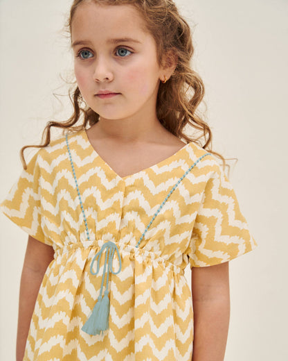 Dadati - Mustard and white zigzag girl dress with turquoise