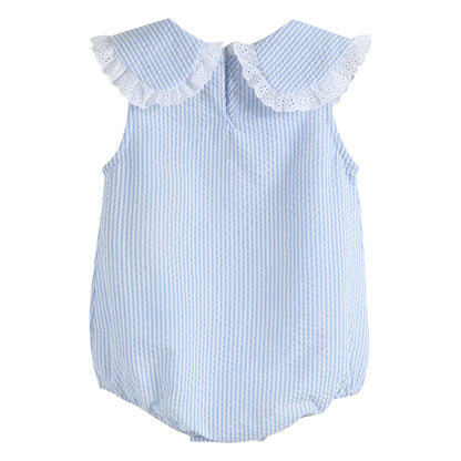 Classic Light Blue Seersucker Collared Baby Bubble Romper