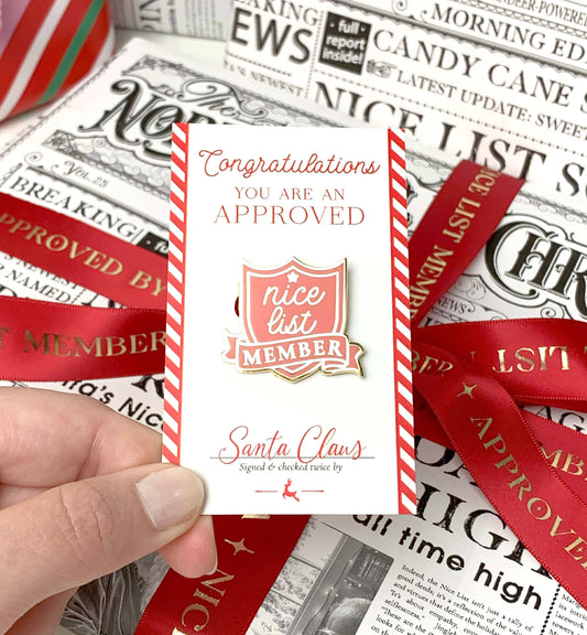 Black Bow Studio - Nice List Member Christmas Enamel Pin Badge - Red