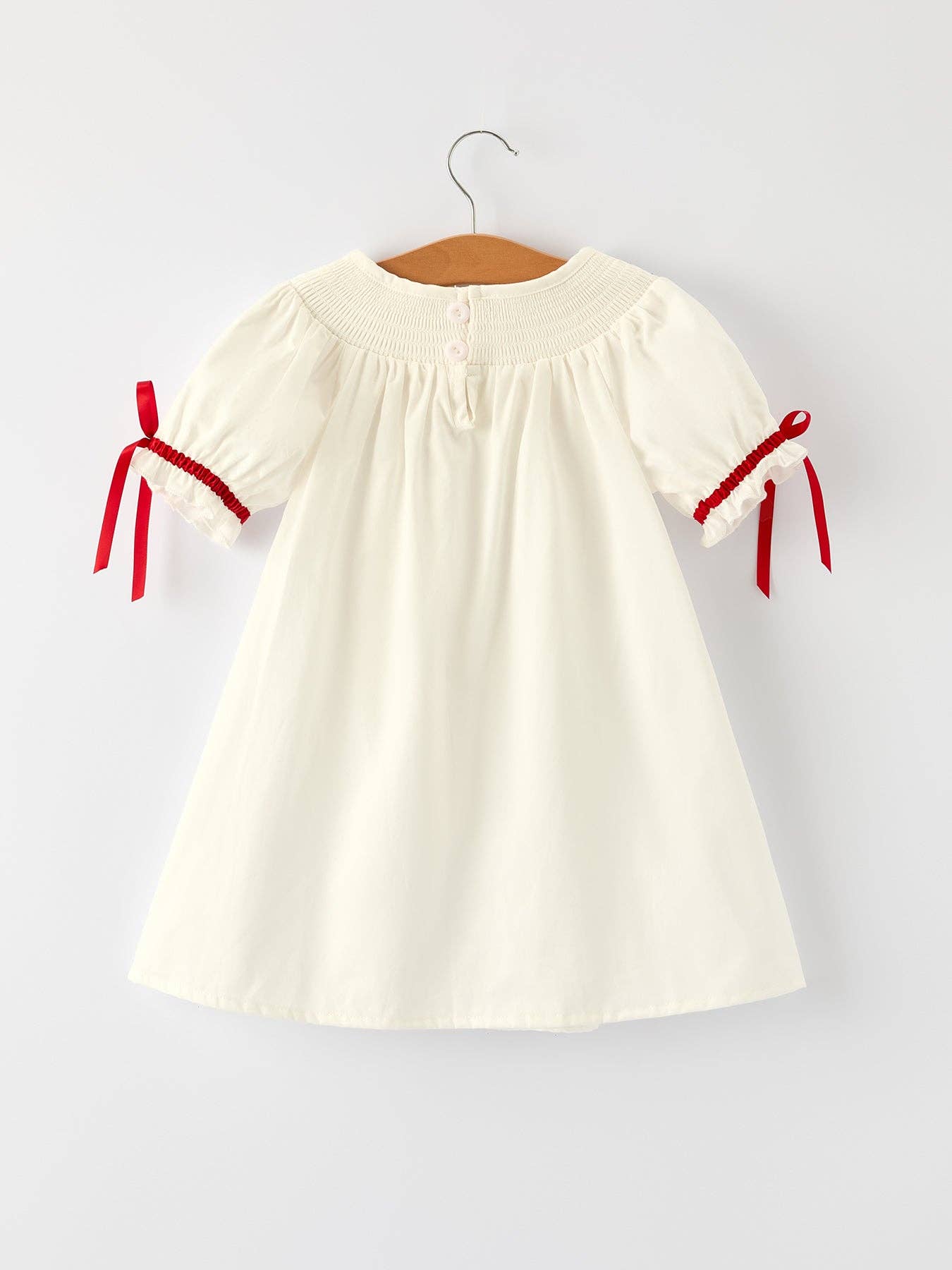 Rylee Faith Designs - White Christmas Girl's Dress: Delicate Embroidery with Red Bow Details
