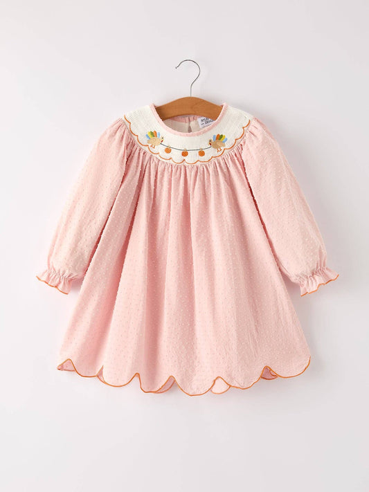 Rylee Faith Designs - Fall Thanksgiving& Halloween Chicken Pumpkin Smock Embroidery Baby Girl Dress