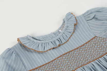 Lil Cactus - Blue Pinstripe Brown Smocked Ruffle Collar Dress