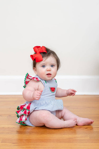 Light Blue Seersucker and Gingham Watermelon Ruffle Romper