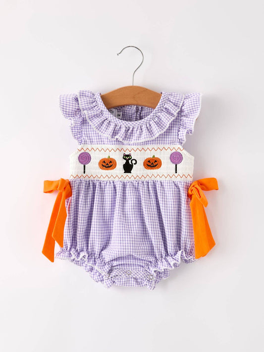 Rylee Faith Designs - Fall Halloween Purple Balloon Pumpkin Cat Smock Embroidery Baby Girl Romper
