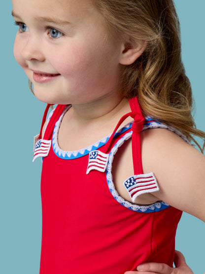 RuffleButts + RuggedButts - Girls Vintage Red Crochet Detail Peplum One Piece Swimsuit
