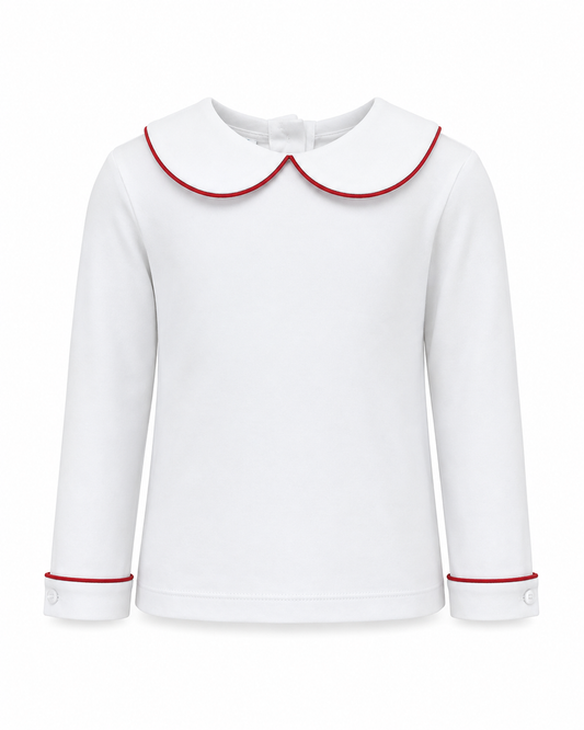 White knit Peter Pan Boy's Shirt W/ Red Pipping