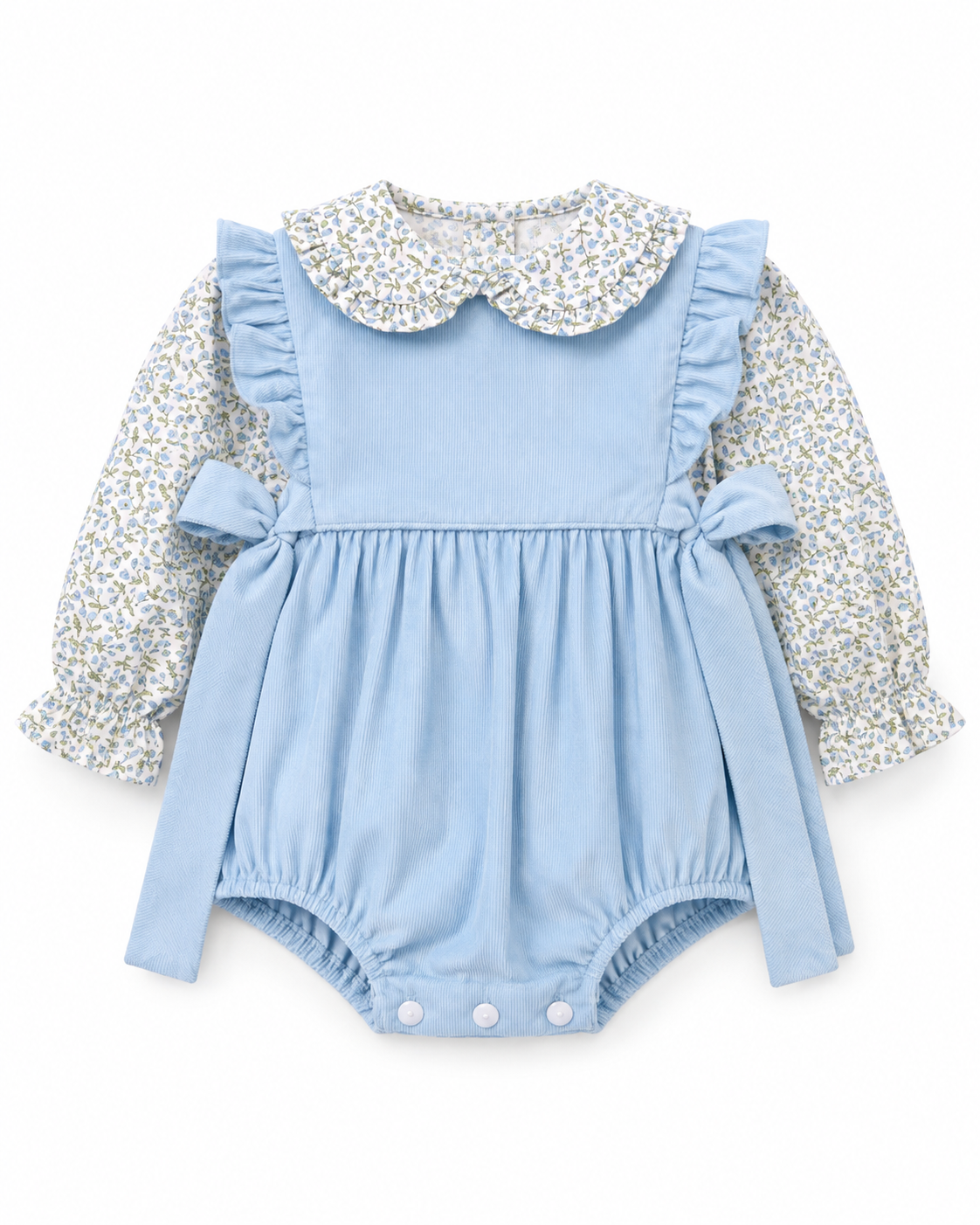 Lt.Blue Corduroy girl's short bubble w/ blue floral print blouse