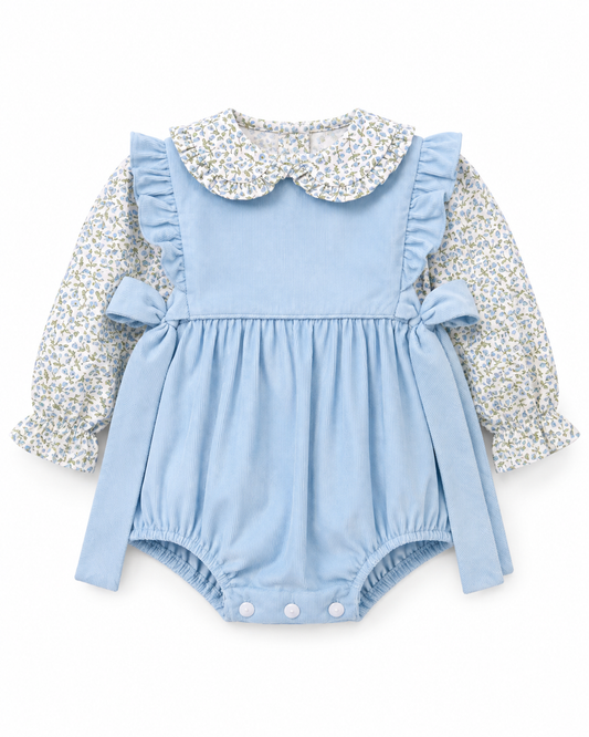 Lt.Blue Corduroy girl's short bubble w/ blue floral print blouse