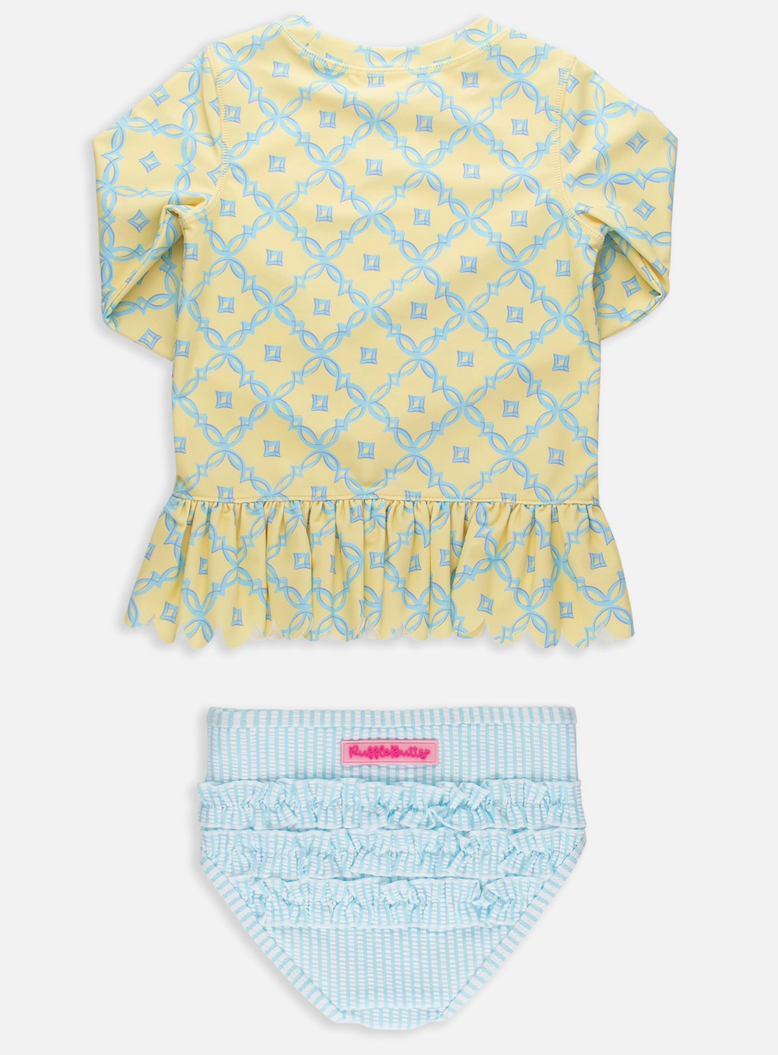 RuffleButts – Girls Banana Coastal Charm Scallop Hem Long Sleeve Rash Guard