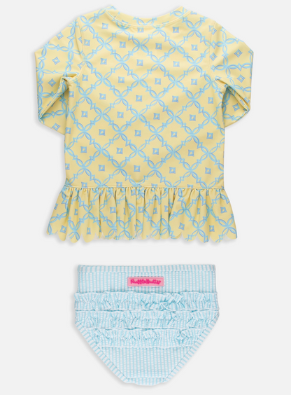 RuffleButts – Girls Banana Coastal Charm Scallop Hem Long Sleeve Rash Guard