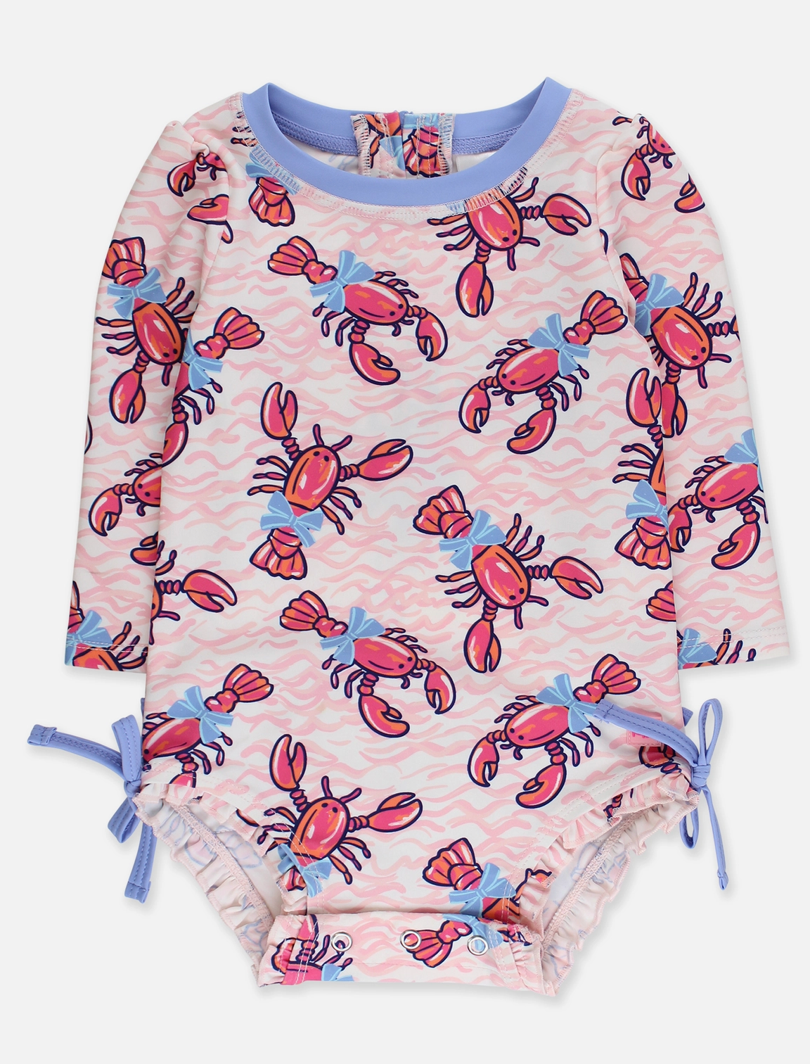 RuffleButts – Baby Girls Pink Lobster Lagoon Long Sleeve One-Piece Rash Guard Swimsuit