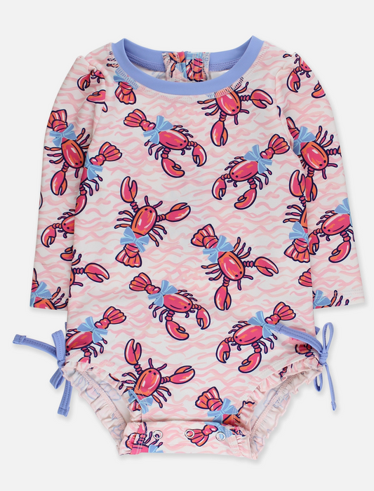 RuffleButts – Baby Girls Pink Lobster Lagoon Long Sleeve One-Piece Rash Guard Swimsuit