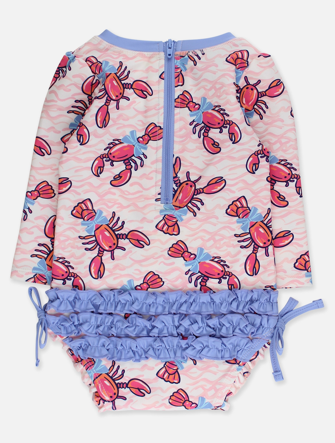 RuffleButts – Baby Girls Pink Lobster Lagoon Long Sleeve One-Piece Rash Guard Swimsuit