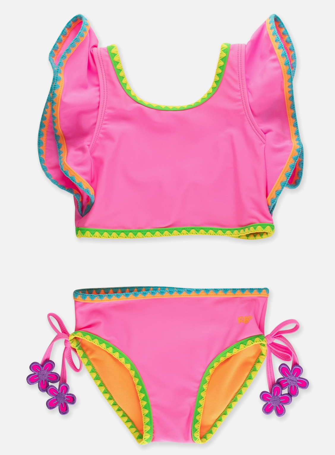 RuffleButts – Girls Neon Pink Crochet Detail Butterfly Tankini