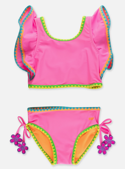 RuffleButts – Girls Neon Pink Crochet Detail Butterfly Tankini