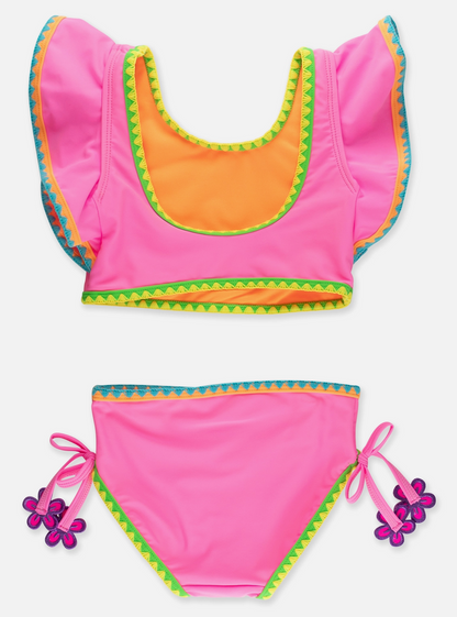 RuffleButts – Girls Neon Pink Crochet Detail Butterfly Tankini