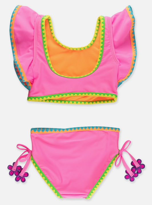 RuffleButts – Girls Neon Pink Crochet Detail Butterfly Tankini
