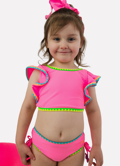 RuffleButts – Girls Neon Pink Crochet Detail Butterfly Tankini