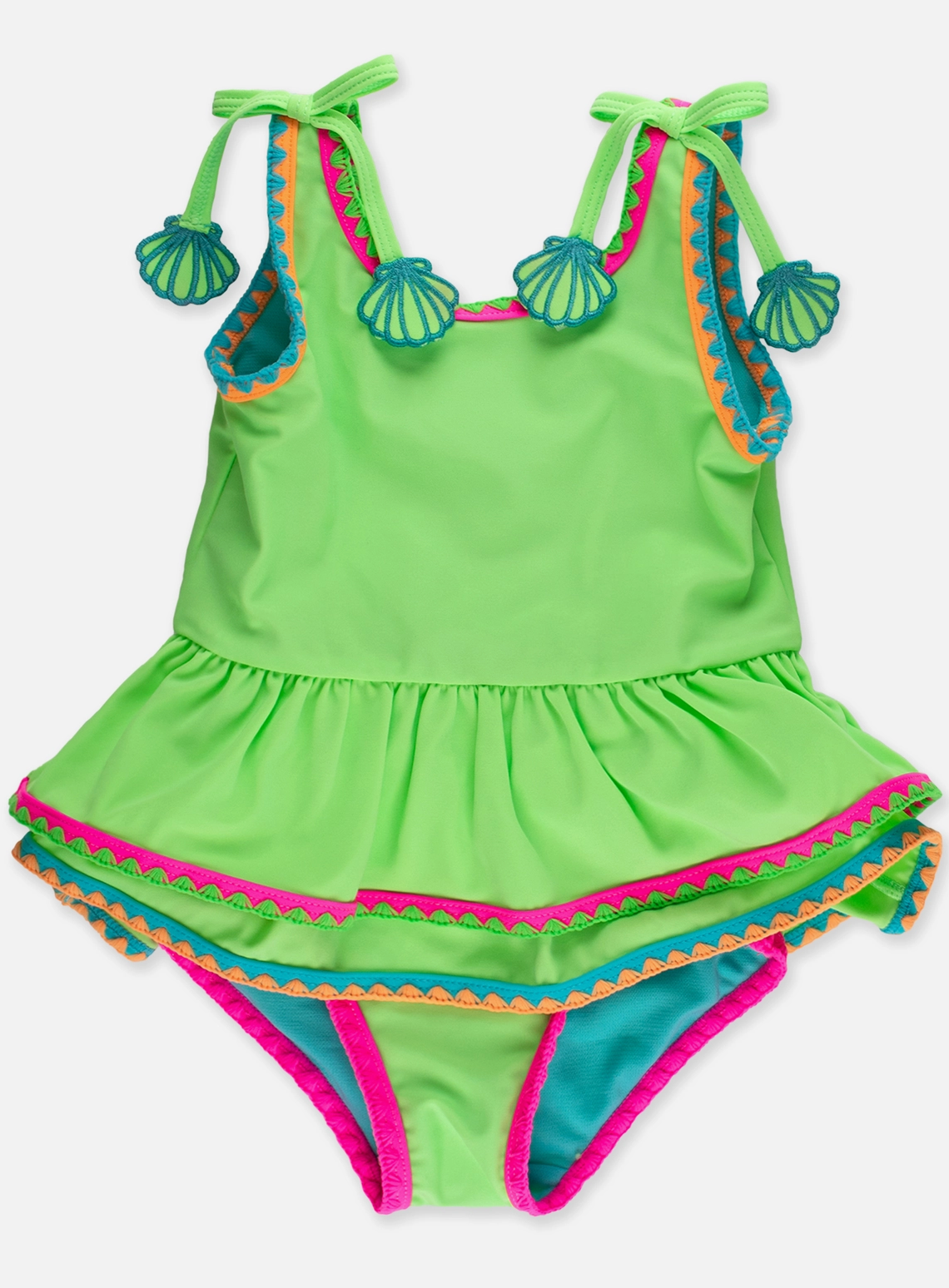 RuffleButts – Girls Neon Honeydew Crochet Detail Peplum One-Piece Swimsuit