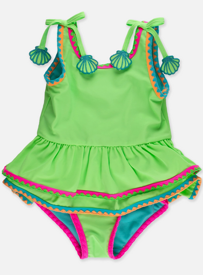 RuffleButts – Girls Neon Honeydew Crochet Detail Peplum One-Piece Swimsuit