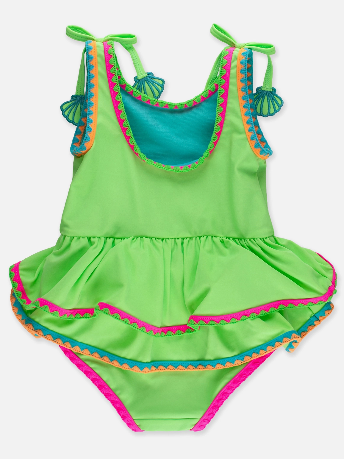 RuffleButts – Girls Neon Honeydew Crochet Detail Peplum One-Piece Swimsuit