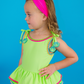 RuffleButts – Girls Neon Honeydew Crochet Detail Peplum One-Piece Swimsuit