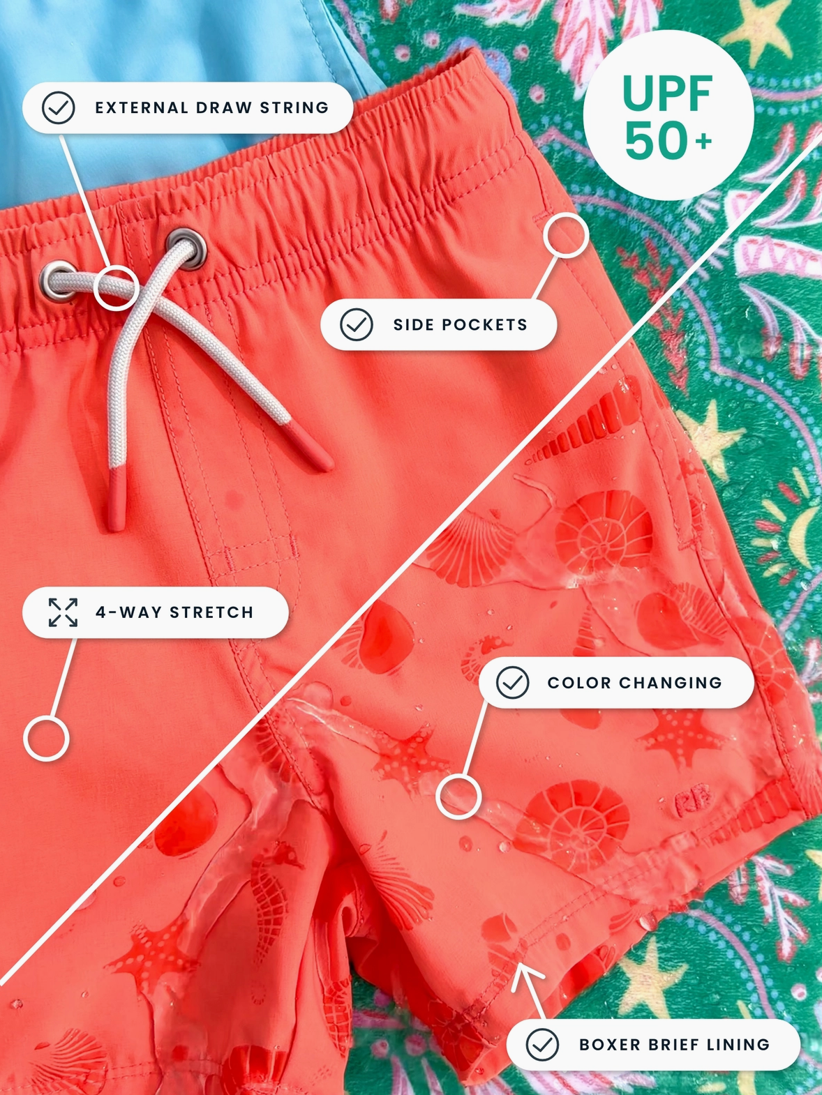 RuffleButts – Boys Blue Breeze Bay Stretch Color-Changing Swim Trunks