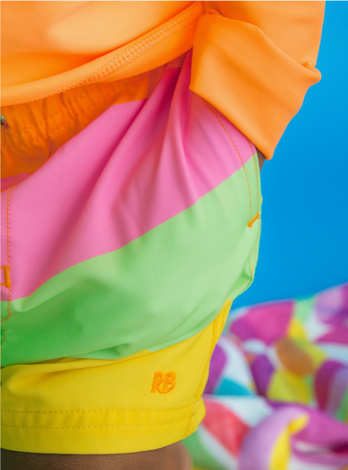 RuffleButts – Boys Neon Citrus Color Block Performance Hybrid Swim Trunks