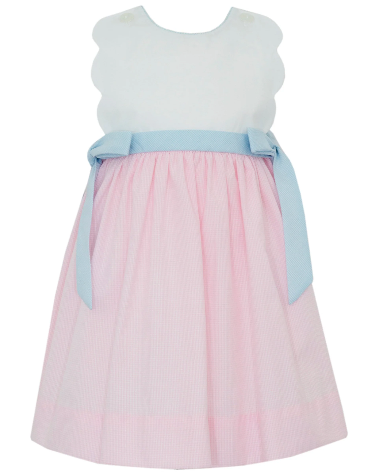 Pink Check Scalloped Sundress W/ Side Bows- Petit Bebe