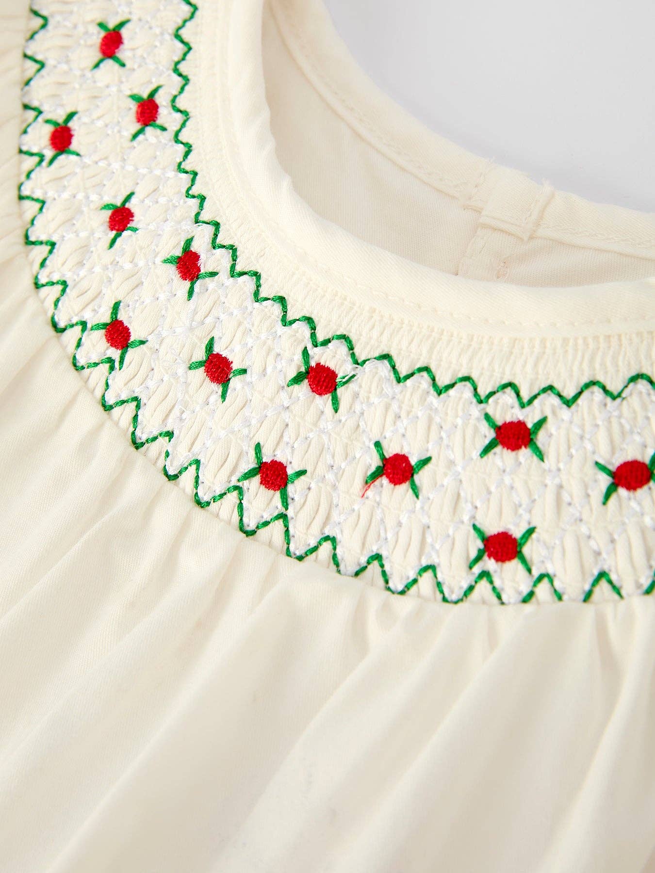 Rylee Faith Designs - Christmas Girl's Romper : Delicate Embroidery with Red Bow Details