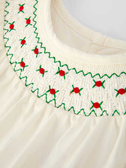 Rylee Faith Designs - Christmas Girl's Romper : Delicate Embroidery with Red Bow Details
