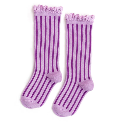 Little Stocking Co. - Purple Striped Lace Top Knee High Socks