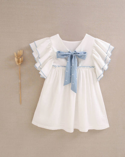 Dadati - White girl's dress with blue edges and a bow on the back