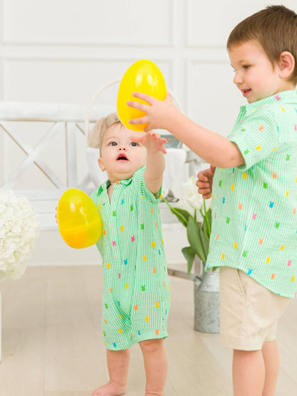 Baby Boys Green Bunny Stripe Cotton Gauze Button-Up Romper