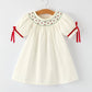 Rylee Faith Designs - White Christmas Girl's Dress: Delicate Embroidery with Red Bow Details